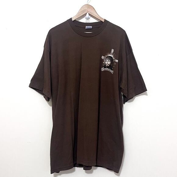 Vintage 90s Jesus Crown Of Thorns Graphic T Shirt Size 2XL Brown Religious Cross - Picture 2 of 9